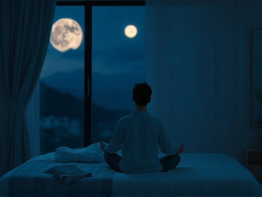 A person peacefully meditating or visualizing in a calm, moonlit bedroom before sleep, feeling serene and relaxed, soft lighting, tranquil atmosphere.