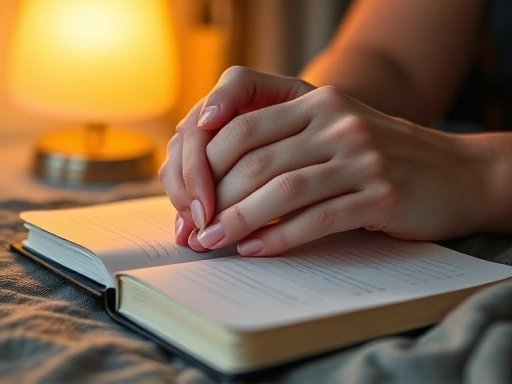 A close-up shot of hands gently clasped over a diary, illuminated by a warm lamp, symbolizing journaling or reflecting on positive visualization for better sleep, with a peaceful ambiance.
