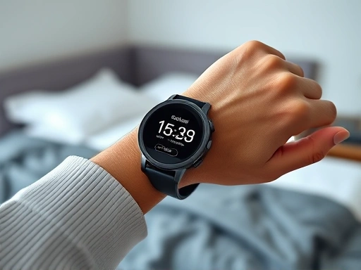 Close-up of a hand holding a modern smartwatch displaying sleep data on its screen, with a blurred background of a comfortable bed, emphasizing tech-aided sleep analysis.