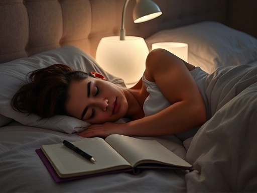 A person peacefully sleeping in a cozy bedroom with soft lighting, next to a notebook for a sleep diary, symbolizing calm self-assessment.