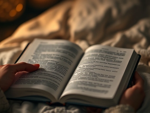 A close-up shot of a person's hands gently holding an open physical book with soft pages, illuminated by a warm, indirect light, showing the details of the text and the texture of the paper, emphasizing the tactile experience of reading before sleep.