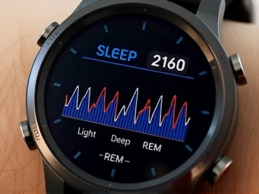 Close-up of a digital watch displaying sleep stages (light, deep, REM) and corresponding fluctuating heart rate graphs, emphasizing data interpretation and personal health.