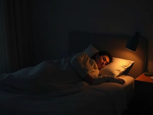 A calm, dimly lit bedroom scene with a person comfortably sleeping, showing a subtle indication of cool room temperature and warm bedding, emphasizing the balance of body temperature for good sleep. Focus on coziness and peacefulness, incorporating keywords like sleep, temperature, comfort.