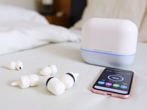 A close-up shot of various earplugs (foam, silicone, custom-molded) and a sleek white noise machine on a bedside table, next to a smartphone displaying a sleep app, emphasizing tools for quiet sleep.