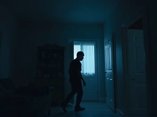 A person sleepwalking gently through a dimly lit house at night, calm and safe environment, illustrating the topic of understanding sleepwalking causes and safe coping strategies.