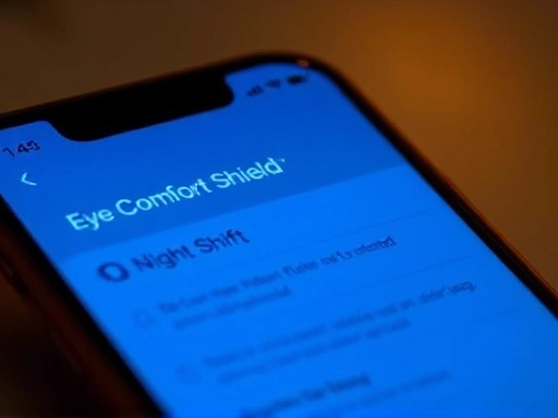Close-up of a smartphone screen showing the settings menu for 'Eye Comfort Shield' or 'Night Shift' mode, with the blue light filter activated, clearly showing the warm color temperature change.