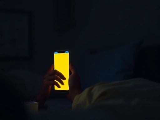 A person is comfortably using a smartphone in a dark room, with the screen displaying a warm, yellowish tint due to blue light filtering, illustrating eye comfort and sleep preparation. Focus on soft lighting and relaxed posture.