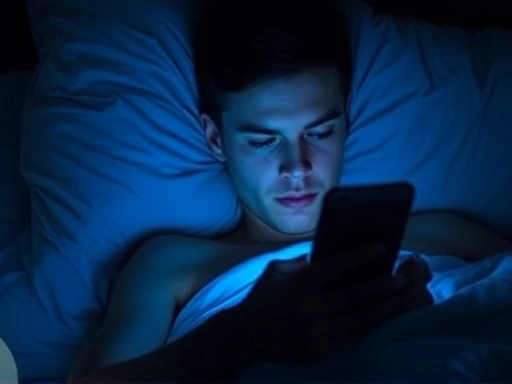 A person looking at a smartphone screen in bed, with blue light illuminating their face, surrounded by a dark, serene bedroom, emphasizing sleep disruption. Soft, cool lighting.
