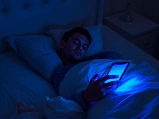 A person tossing and turning in bed, illuminated by the blue light from a smartphone, indicating restless sleep and digital distraction, with a focus on a serene bedroom environment contrasted by the glowing screen.