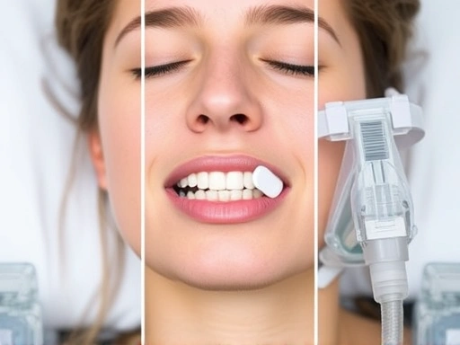 Close-up of a person using different anti-snoring devices, such as a nasal strip, an oral appliance, and a CPAP mask, showing the varied solutions in detail. Focus on clarity and user-friendliness of the devices.