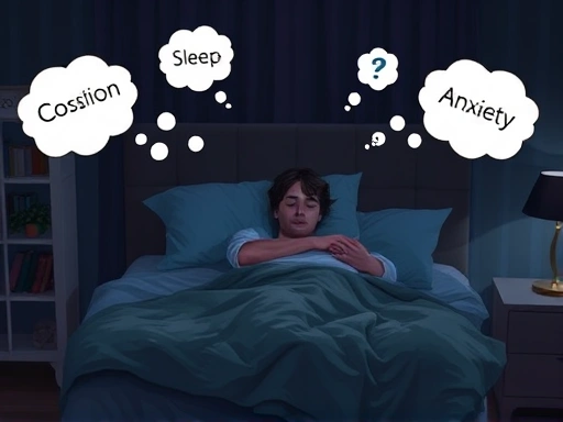 A person tossing and turning in bed, surrounded by thought bubbles showing restless sleep, confusion, and anxiety, in a dark, calming bedroom setting, night light.