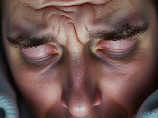 Close-up of a person's face expressing troubled sleep, with faint lines of worries and shadows under eyes, emphasizing the difficulty of sleep disorders.