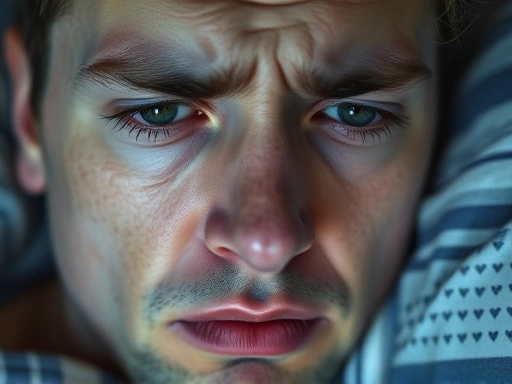 A close-up shot of a person's face showing signs of stress and troubled sleep, with a worried expression, reflecting the internal struggle that can lead to sleep talking. Focus on subtle details.