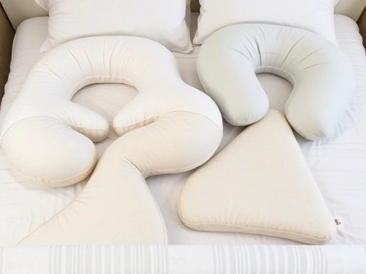 Close-up view of different types of pregnancy pillows (U-shaped, C-shaped, wedge) on a bed, demonstrating how they provide specific support for a pregnant belly and legs, highlighting their texture and design.