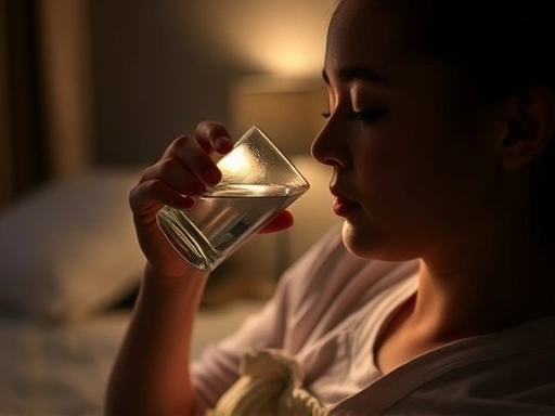 A person thoughtfully drinking a small glass of water in a dimly lit, peaceful bedroom before sleep, emphasizing healthy hydration and peaceful night.