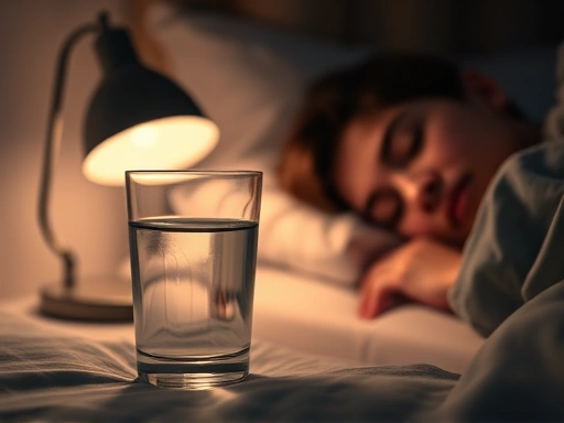 Close-up of a small glass of water next to a bedside lamp and a sleeping person, highlighting the quiet anticipation of rest and appropriate water intake before bed.
