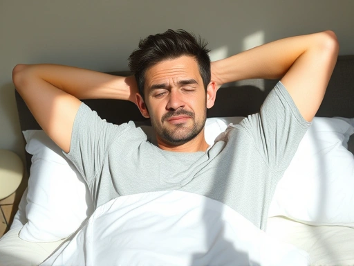 A person stretching and looking tired after waking up on a sunny weekend morning, with a slightly disoriented expression, emphasizing the paradox of oversleeping, bedroom setting, soft lighting, health, sleep. 