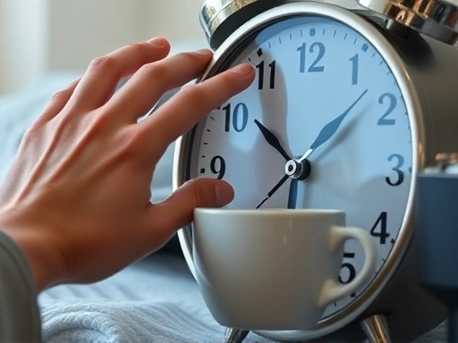 Close-up of a clock showing a very late morning time (e.g., 11:00 AM) next to a person's hand reaching for a coffee cup, illustrating irregular sleep patterns and late mornings, with focus on time, routine, and sleep. 