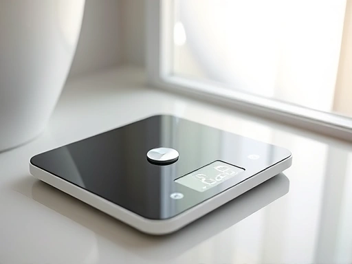 A close-up shot of a modern digital weight scale in a clean, minimalist bathroom, with soft morning light illuminating it, emphasizing health and accuracy.
