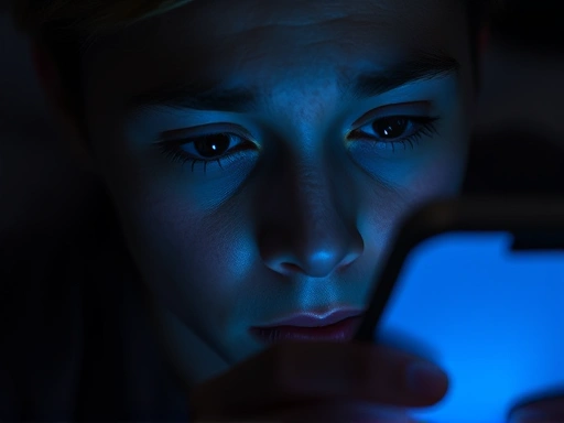 Close-up of a person's face illuminated by the blue light of a smartphone screen in a dark room, eyes wide open, clearly indicating late-night smartphone usage and its potential impact on sleep.