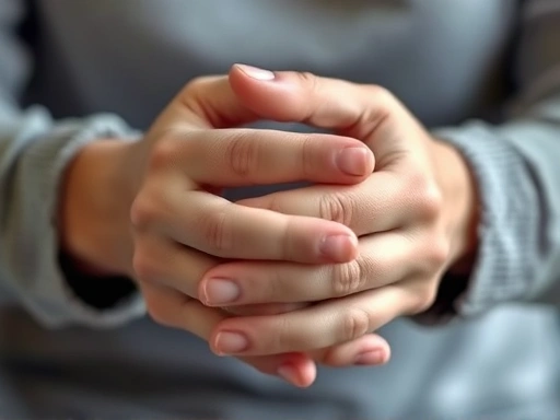 Close-up of hands gently clasped, symbolizing support and connection, with a blurred background suggesting a tranquil, secure space. Emphasize comfort and relief from acute stress.