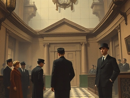 Historical illustration of a courthouse or police investigation scene from the early 20th century, with subtle elements hinting at a disturbing criminal case, using a somber, documentary style, focusing on legal and societal impact, including keywords like 