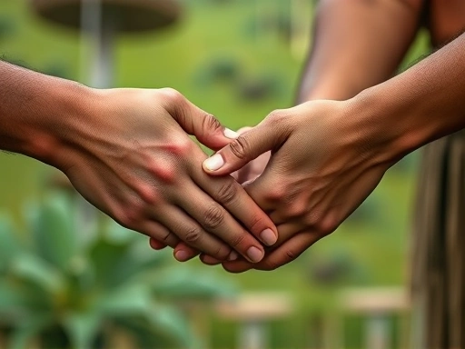 Close-up shot of hands performing a symbolic ritual, perhaps exchanging a carved wooden artifact or joining hands, representing reconciliation and agreement in a tribal setting, with blurred nature background.