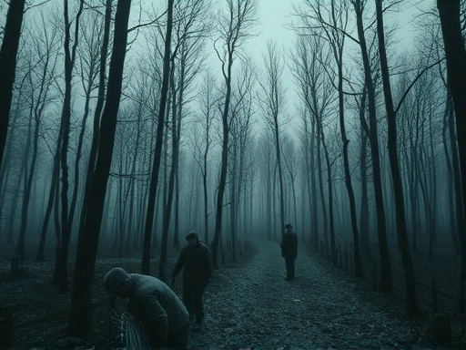A chilling, high-contrast image depicting the bleak atmosphere of a Soviet-era crime scene in a desolate forest, with subtle hints of investigative activity and a sense of dread, focusing on the historical context of the Andrei Chikatilo case.
