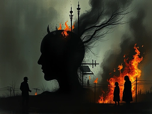 A dark, abstract illustration representing the complex psychological motivations of an arsonist, with subtle fire elements and shadowy figures, conveying themes of revenge, profit, and mental distress, focusing on arsonist psychology.