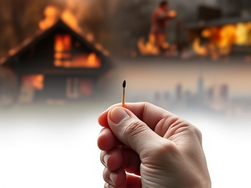 A close-up shot of a hand clutching a match, with blurry background elements hinting at different arson patterns like a charred structure and a distant city skyline, symbolizing the diverse behaviors of arsonists.