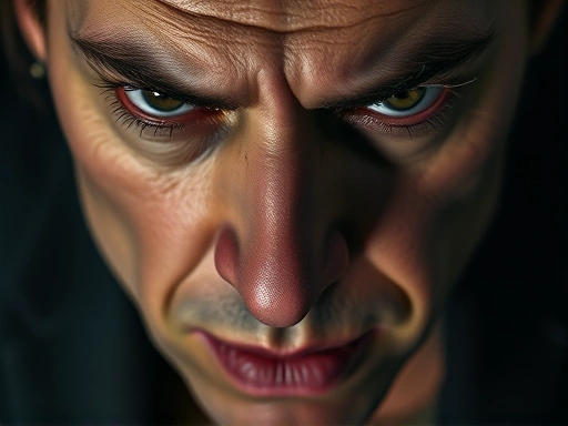 Close-up of a manipulative expression on a face, symbolizing the intricate desires for power and control in a blackmailer's mind, with shadowy background.