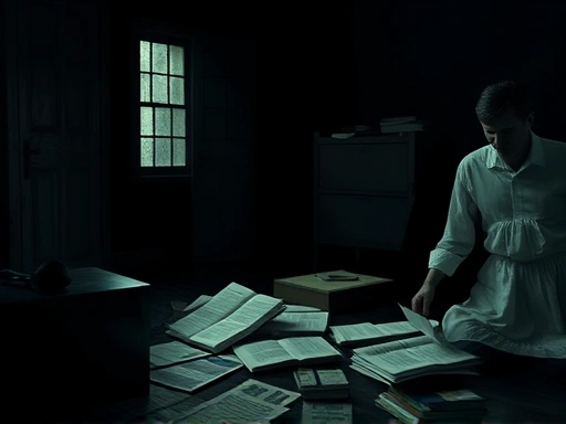 A dimly lit room with scattered psychological texts and a silhouette of a figure, conveying deep analytical thought about long-term dormancy in serial killers, with a focus on the BTK case.