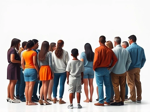 A diverse group of people standing silently while a small figure looks isolated, symbolizing the bystander effect in bullying, with a focus on psychological factors.
