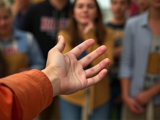 A close-up of a hand reaching out to another hand in a group setting, symbolizing individual intervention and breaking the cycle of silence in bullying, focusing on empathy.