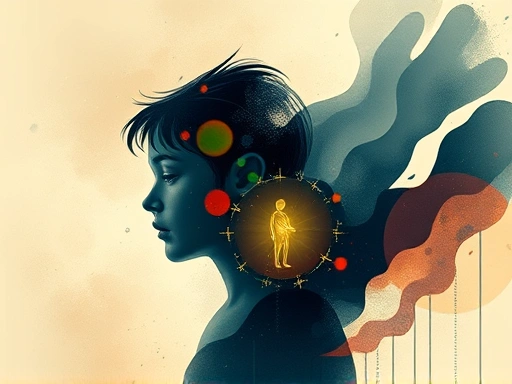 A nuanced digital illustration showing the long-term psychological effects of child abuse, depicted through abstract representations of emotional distress, resilience, and the journey towards healing, focusing on inner struggle and hope. Dynamic composition with soft, encouraging light.