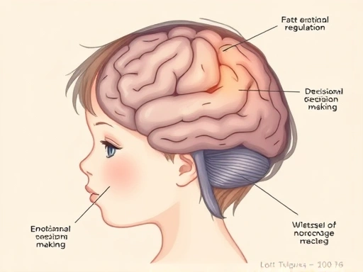 A detailed illustration of a child's brain structure with highlighted areas representing emotional regulation and decision-making, affected by stress, illustrating the neurobiological impact of childhood trauma, with soft, muted colors, an educational infographic style.