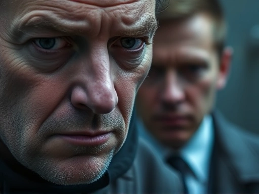 A close-up shot of a suspect's face, revealing subtle micro-expressions of anxiety or discomfort, with a focused detective in the blurred background.