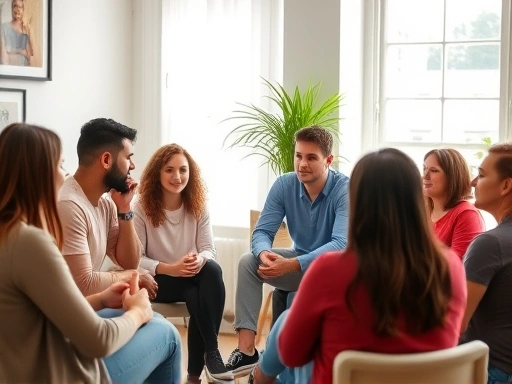 A diverse group of people engaged in a therapeutic group session, discussing thoughts and emotions, led by a compassionate therapist, representing cognitive behavioral therapy for rehabilitation and recidivism prevention in a calm, modern setting.