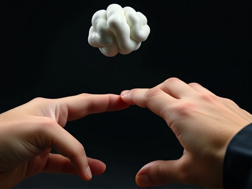 Close-up of hands making a decision, one hand reaching towards a blurred, risky path while a distorted thought bubble hangs above, illustrating cognitive bias and risk-taking, low key, psychological, detail.