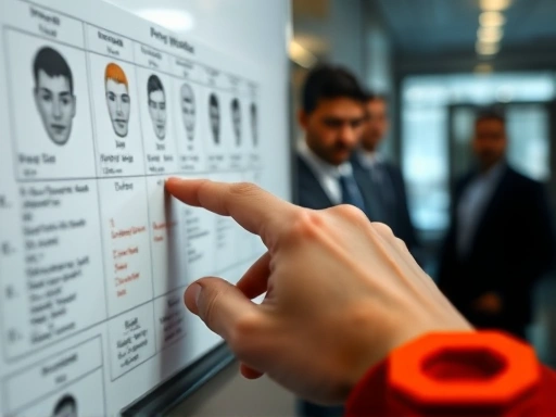 Close-up of a hand pointing to a psychological profiling chart on a whiteboard, with blurred figures of investigators in the background, emphasizing the collaborative analytical process in solving cold cases.