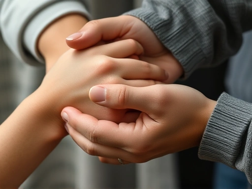 A close-up of hands gently comforting another hand, symbolizing empathy and social support in the context of community trauma, with a focus on connection and shared experience.