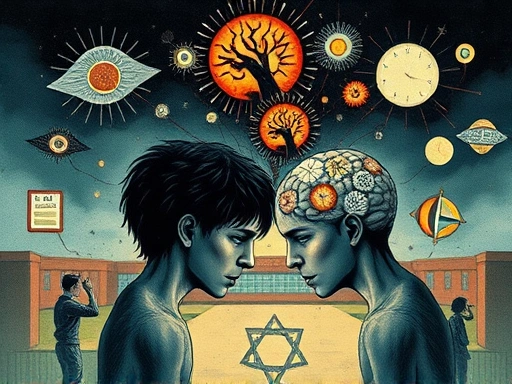 A detailed illustration showing the complex psychological dynamics behind the Columbine High School shooting, with symbolic elements representing anger, isolation, and a school environment. Focus on the interplay of individual minds.