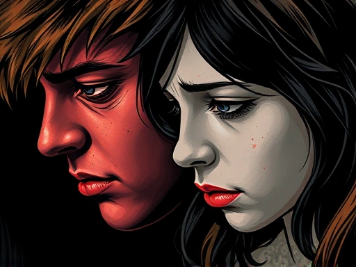 A close-up, abstract representation of two distinct psychological profiles intertwined, one showing destructive rage and the other deep sadness, symbolizing the unique yet interconnected mental states of the Columbine perpetrators.