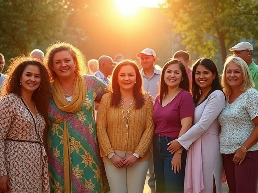 A diverse group of people standing together in solidarity, with soft, healing light, symbolizing collective victims and community trauma healing, with elements of support and resilience.