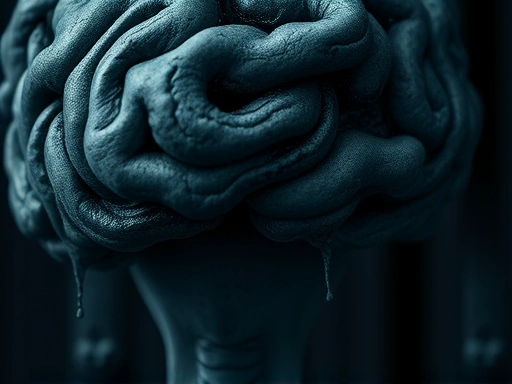 A close-up, abstract representation of the human mind in turmoil, with swirling, dark colors and subtle, unsettling textures, symbolizing psychological distress and the distorted reality associated with corpse collector psychology, maintaining a sensitive and analytical tone.