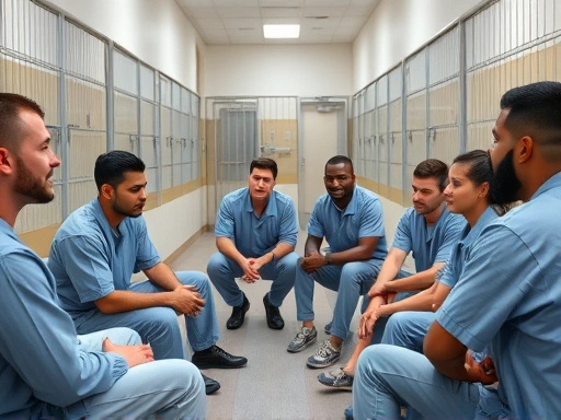 Diverse group of inmates engaged in a supportive group therapy session within a modern, clean correctional facility, focusing on communication and shared experiences, illustrating rehabilitation and positive change.
