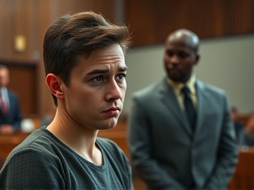 A person looking distressed but resilient in a modern courtroom setting, focusing on their internal emotional state while receiving support from a silent, empathetic figure, highlighting coping strategies.