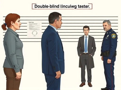 A detailed illustration of a double-blind lineup procedure, showing a witness identifying a suspect without the police officer knowing who the suspect is, in a controlled environment, fair identification, courtroom justice.