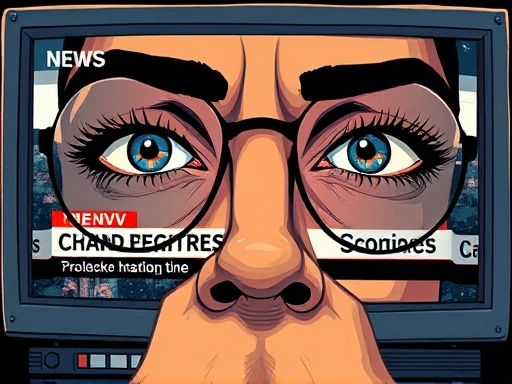 A detailed illustration of a news broadcast screen showing abstract crime headlines, with distorted reflections in a viewer's eyes, emphasizing the psychological impact of media on individuals, with keywords like 
