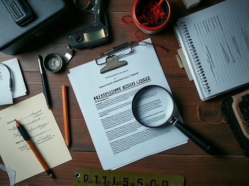 An overhead shot of a crime scene investigator's desk, with scattered forensic tools, notes, and a magnifying glass over a document, illustrating psychological clues and crime scene analysis.